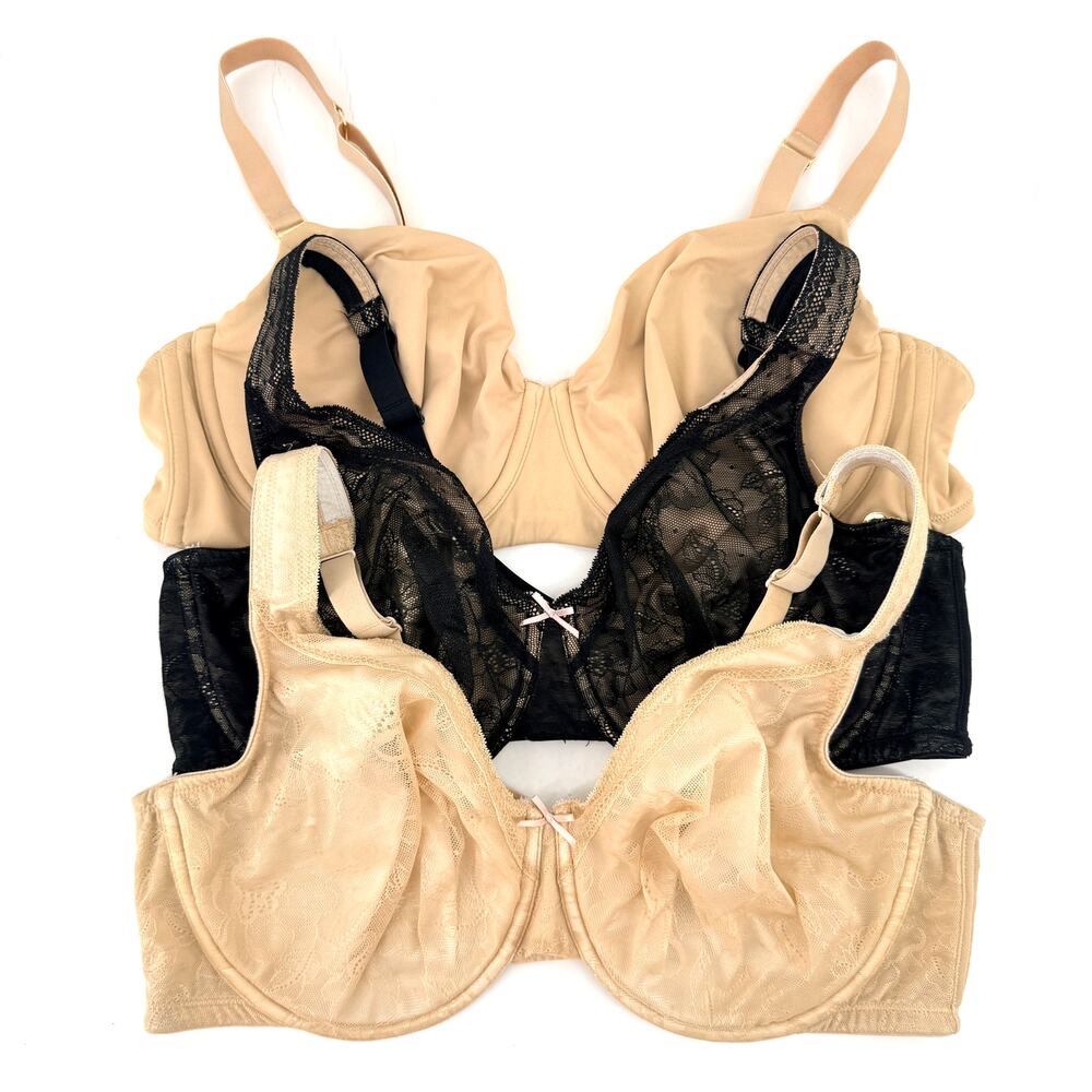 Cacique 42DD Bra Lot Of 3 Unlined Balconette Modern Lace Covered Black Nude